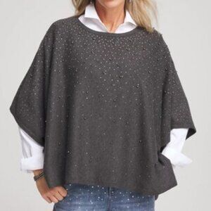 NWT Dark Gray Faux Pearl Cashmere Blend Embellished Poncho S/M